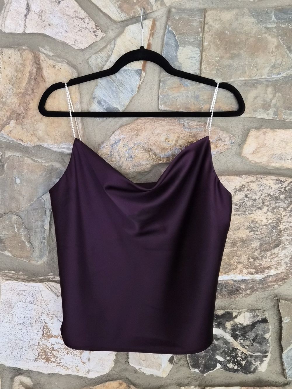 Purple Satin Cowl Neck Camisole Top with Rhinestone Straps